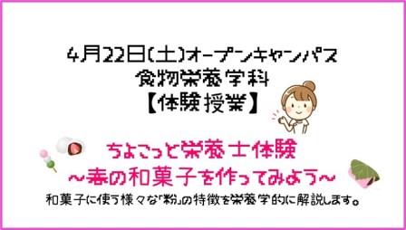 食物栄養学科オープンキャンパス体験授業「ちょこっと栄養士体験　～春の和菓子を作ってみよう～」和菓子に使う様々な「粉」の特徴を栄養学的に解説します。